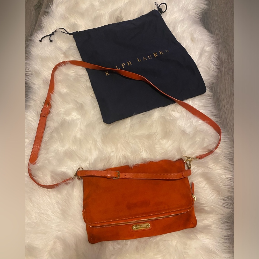 Ralph Lauren suede fold over bag orange